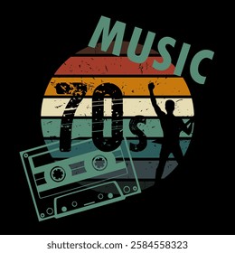 Vector 70s music - retro element with silhouette rock star and cassette