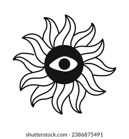 Vector 70s de sol psicodélico vectorial con vigas onduladas vintage de la ilustración boho.