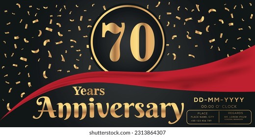 Celebración del 70° aniversario del vector con fondo oscuro con números dorados y diseño de confeti