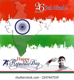 vector 74th year of 26th January republic day wish template