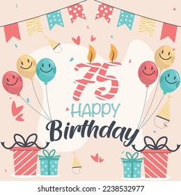 Vector 75th happy birthday vector design for greeting cards and poster with balloon and gift box design.
