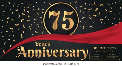 Vector 75th years anniversary celebration on dark background with golden numbers and confetti design