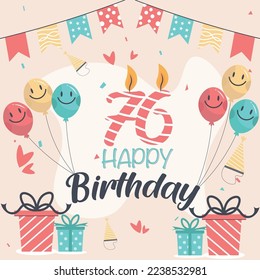 Vector 76th happy birthday vector design for greeting cards and poster with balloon and gift box design.
