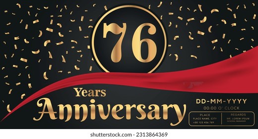 Vector 76th years anniversary celebration on dark background with golden numbers and confetti design