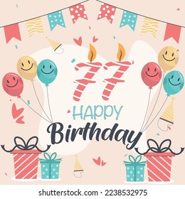 Vector 77th happy birthday vector design for greeting cards and poster with balloon and gift box design.

