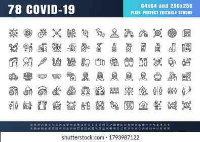 Vector of 78 Covid-19 Prevention Line Outline Icons. Coronavirus, Social Distancing, Quarantine, Stay Home. 64x64 Pixel Perfect. Editable Stroke.