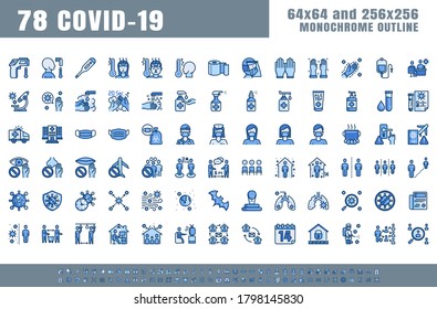 Vector of 78 Covid-19 Prevention Monochrome Flat Blue Filled Line Outline Icons. Coronavirus, Social Distancing, Quarantine, Stay Home. 64x64 Pixel Perfect. Expanded Stroke.