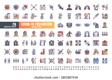 Vector of 78 Covid-19 PreventionGradient Filled Outline Icons. Coronavirus, Social Distancing, Quarantine, Stay Home. 64x64 Pixel Perfect. Editable Stroke.