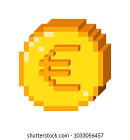 Vector 8 bit pixel art 3D euro icon. Color concept of euro currency. 