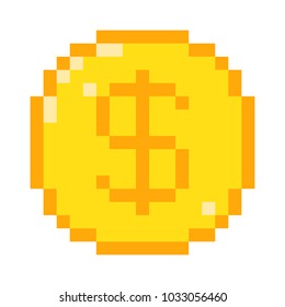 Vector 8 bit pixel art dollar icon. Color concept of dollar currency. 