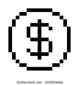 Vector 8 bit pixel art dollar icon. Black and white concept of dollar currency. 