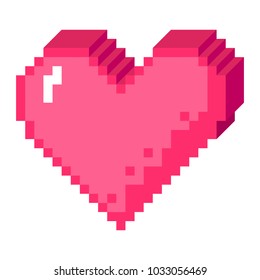 Vector 8 bit pixel art heart in 3D perspective icon. Pink love sign made of cubes