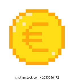 Vector 8 bit pixel art euro icon. Color concept of euro currency. 