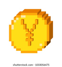 Vector 8 bit pixel art  3D yen icon. Color concept of yen currency. 