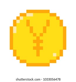 Vector 8 bit pixel art yen icon. Color concept of yen currency. 