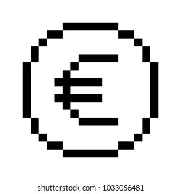 Vector 8 bit pixel art euro icon. Black and white concept of euro currency. 