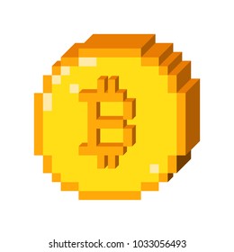 Vector 8 bit pixel art bitcoin icon. Color  3D concept of cryptocurrency. 