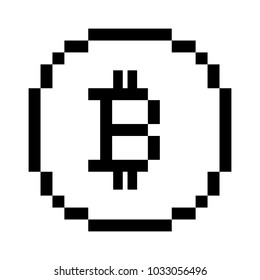 Vector 8 bit pixel art bitcoin icon. Black and white concept of cryptocurrency. 