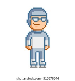 Vector 8 bit pixel art skating for design on white background.