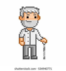 Vector 8 bit pixel art elderly man on white background.