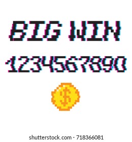 Vector 8 bit pixel art style phrase Big win with 0-9 numbers and golden coin. Template for prize banner. Glitch VHS effect. 