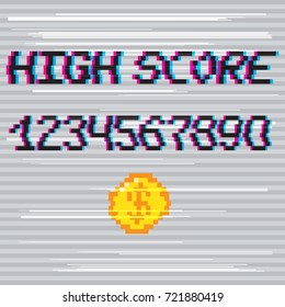 Vector 8 bit pixel art style high score phrase with numbers 0-9 and golden coin. Retro computer game concept. VHS glitch effect