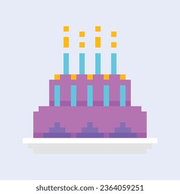 Vector 8 bit pixel birthday cake food item for game assets in vector illustration.