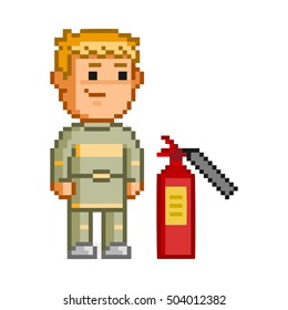 Vector 8 bit pixel firefighters on white background.