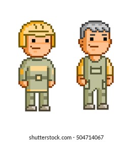 Vector 8 bit pixel firefighters on white background.