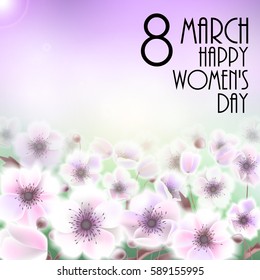 Vector 8 march card with branch of white flowers. Spring background with pink and purple flowers. Vector