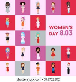 Vector 8 March card with different women with features of appearance.