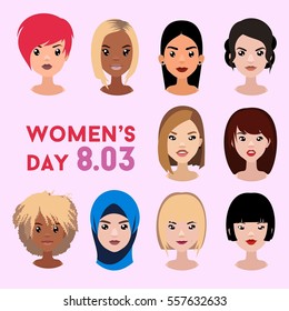 Vector 8 March card with pretty different nationality girls