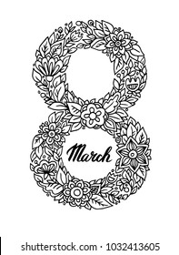 Vector 8 March Floral and lettering  greeting card Template. Greeting Card for International Women Day.  Illustration of Number Eight with Flowers, Leaves