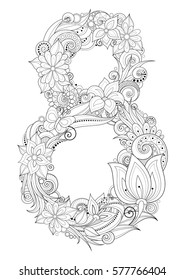 Vector 8 March Floral Template. Greeting Card for International Women Day. Monochrome Illustration of Number Eight with Lot of Flowers, Leaves, Butterfly, Ladybug and Decorative Doodle Ornament
