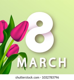 Vector 8 march greeting card with pink tulps
