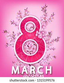 Vector 8 March Greeting Card With Branch Of Blossom Sakura Japan Cherry Flowers And Cut Out Paper Triangle Pink Number Eight On Blue Woman's Day Symbol