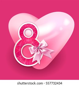 Vector 8 march greeting card with pink heart silk bow and cut out number eight