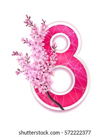 Vector 8 march greeting card with branch of blossom sakura japan cherry flowers and cut out paper pink number eight isolated on white background