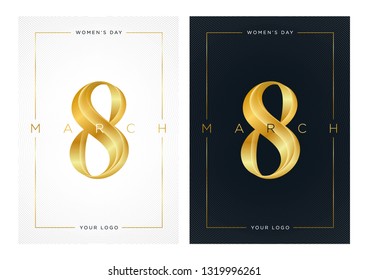Vector 8 March International Women’s Day greeting card with pattern texture with stylish gold number eight.