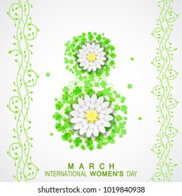 Vector 8 of March - International Women's Day white background with two vertical floral bands, number from green petals, flowers and text.