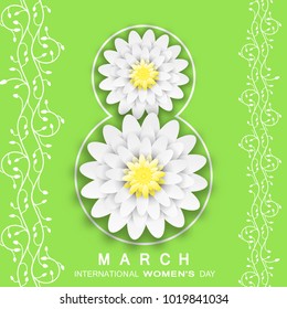 Vector 8 of March - International Women's Day green background from two vertical plant branches, silhouette of number 8 with flowers and text.
