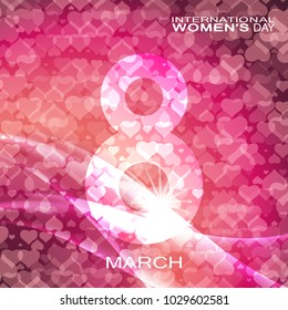 Vector 8 of March - International Women's Day gradient light red and pink background with heart silhouettes different transparency and wave.