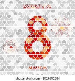 Vector 8 of March - International Women's Day light gray background with heart silhouettes different shades and color text.