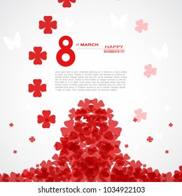 Vector 8 of March - International Women's Day poster on the white background with text, butterflies and red clover leaves arranged in a circle and center.