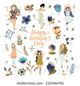 Vector 8 march. International Women's Day. Vector template with lettering design, flowers and woman. Vector illustration