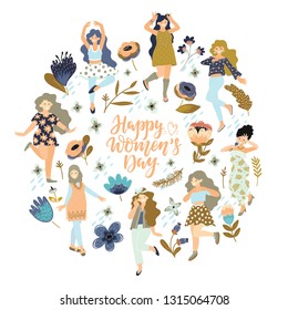 Vector 8 march. International Women's Day. Vector template with lettering design, flowers and woman. Vector illustration