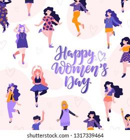 Vector 8 march. International Women's Day. Vector template with lettering design and woman. Vector illustration