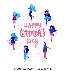 Vector 8 march. International Women's Day. Vector template with lettering design and woman. Vector illustration