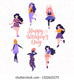 Vector 8 march. International Women's Day. Vector template with lettering design and woman. Vector illustration