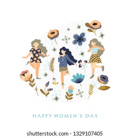 Vector 8 march. International Women's Day. Vector template with flowers and women. Vector illustration